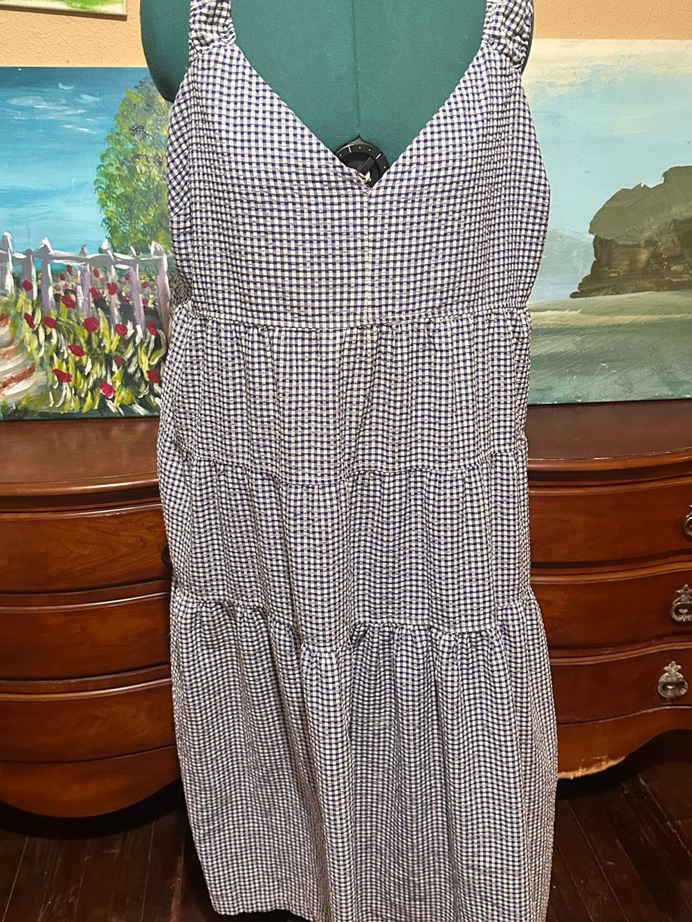 Old Navy XXL Blue Gingham Square-Neck Tiered Midi Dress - Picture 4 of 12